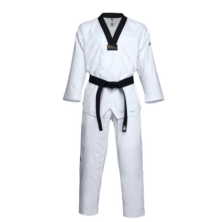 White martial arts uniform with a black belt on a white background