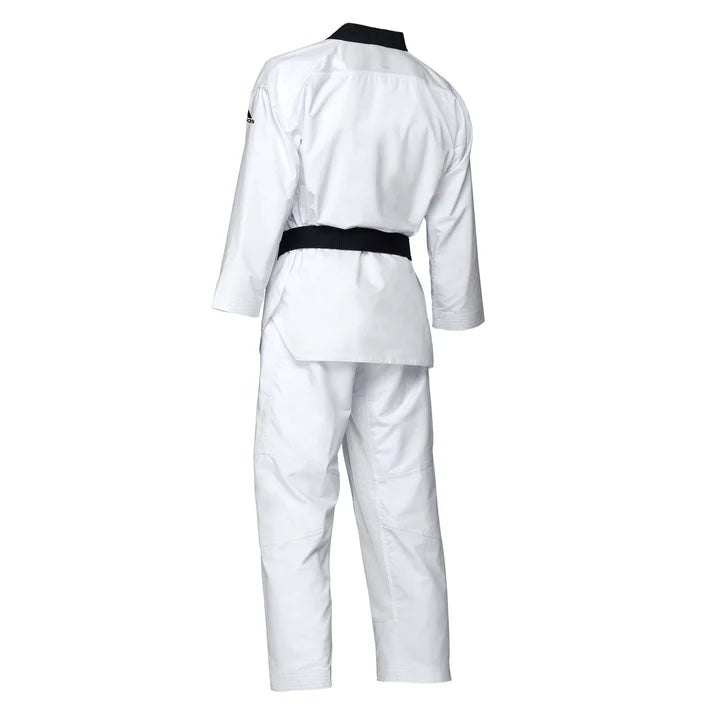 White martial arts uniform with a black belt on a white background