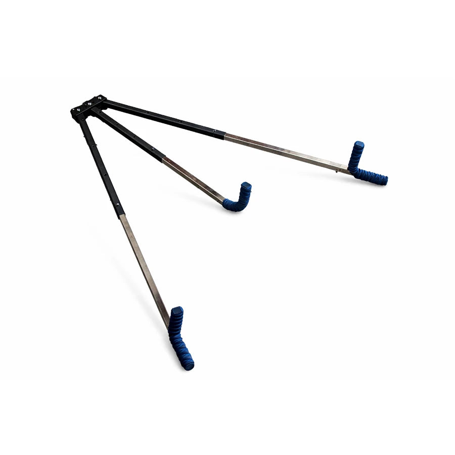 Adjustable metal leg stretched on a white background