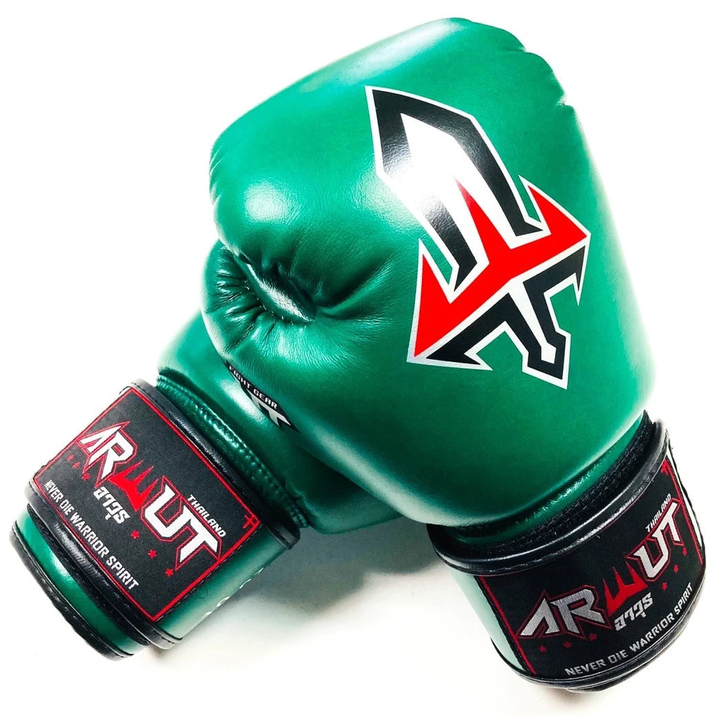 Metallic green Arwut boxing gloves with a brand logo on a white background
