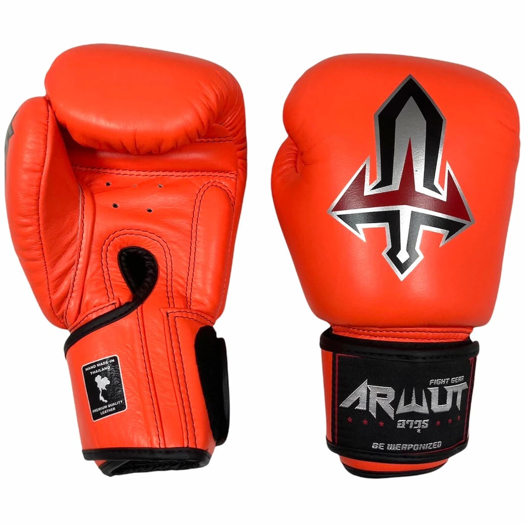 Orange Arwut boxing gloves with a black and white logo on a white background