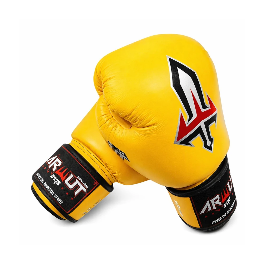 Yellow boxing glove with black and red logo on a white background