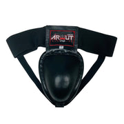 Black groin guard with a visible brand logo on a white background