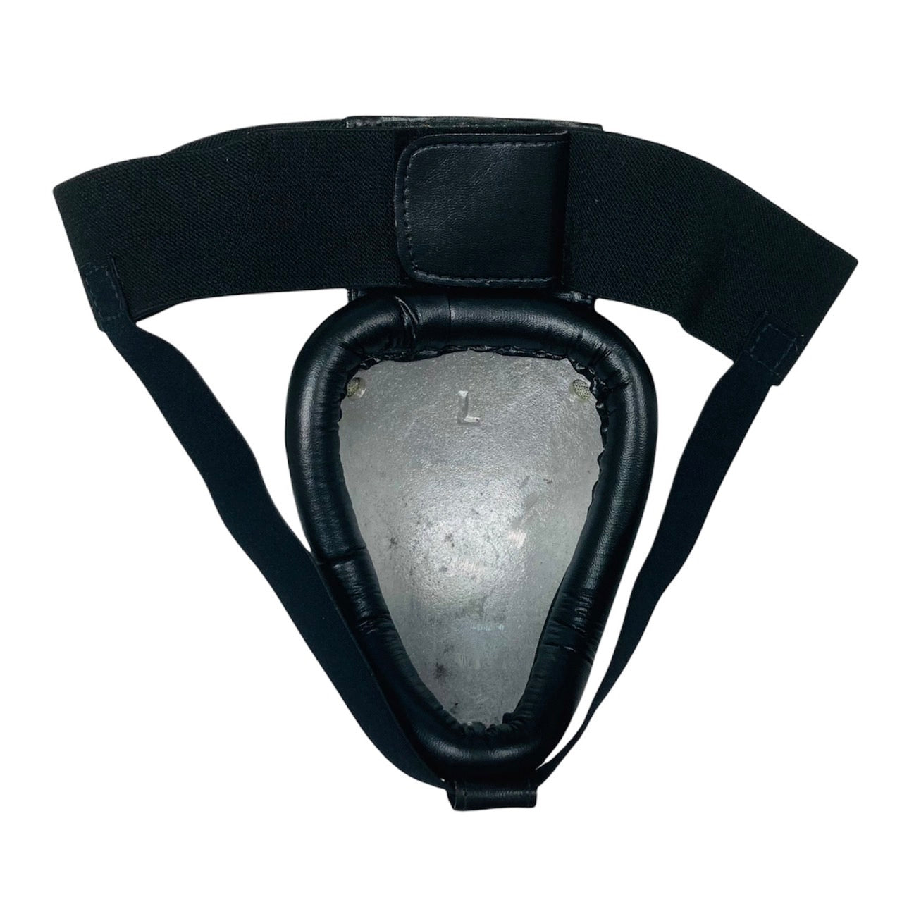 Black groin guard with a steel interior on a white background