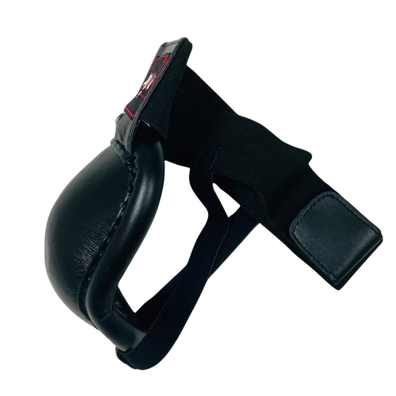 Side profile of steel groin guard with steaps on a white background
