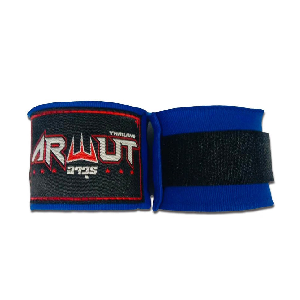 Blue Muay Thai wraps with a brand logo on a white background