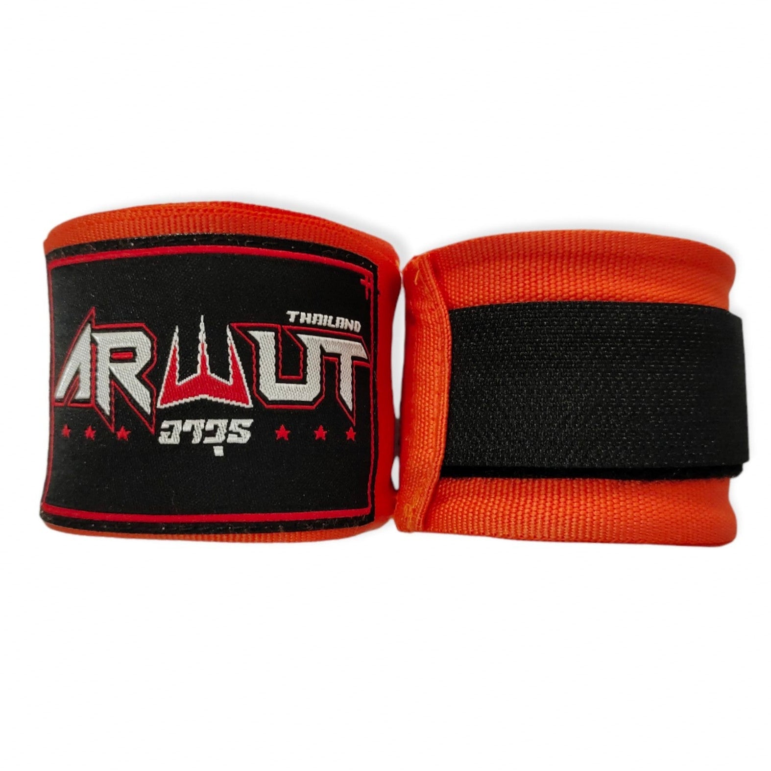 Orange boxing hand wraps with black straps featuring a brand logo on a white background