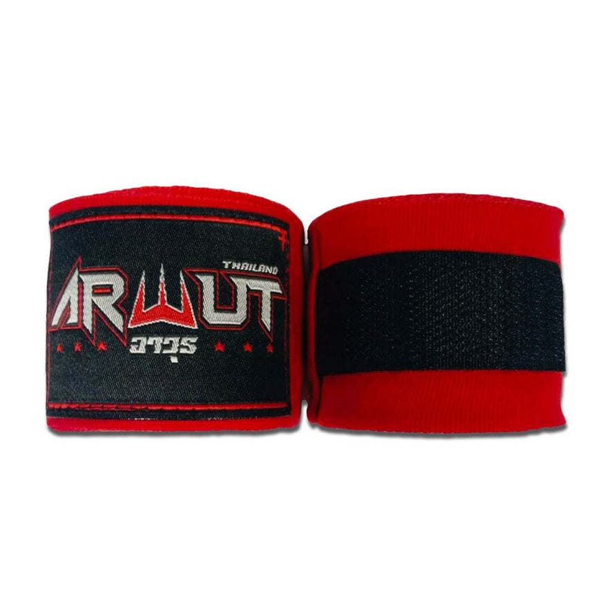 Red boxing hand wraps with a brand logo on a white background