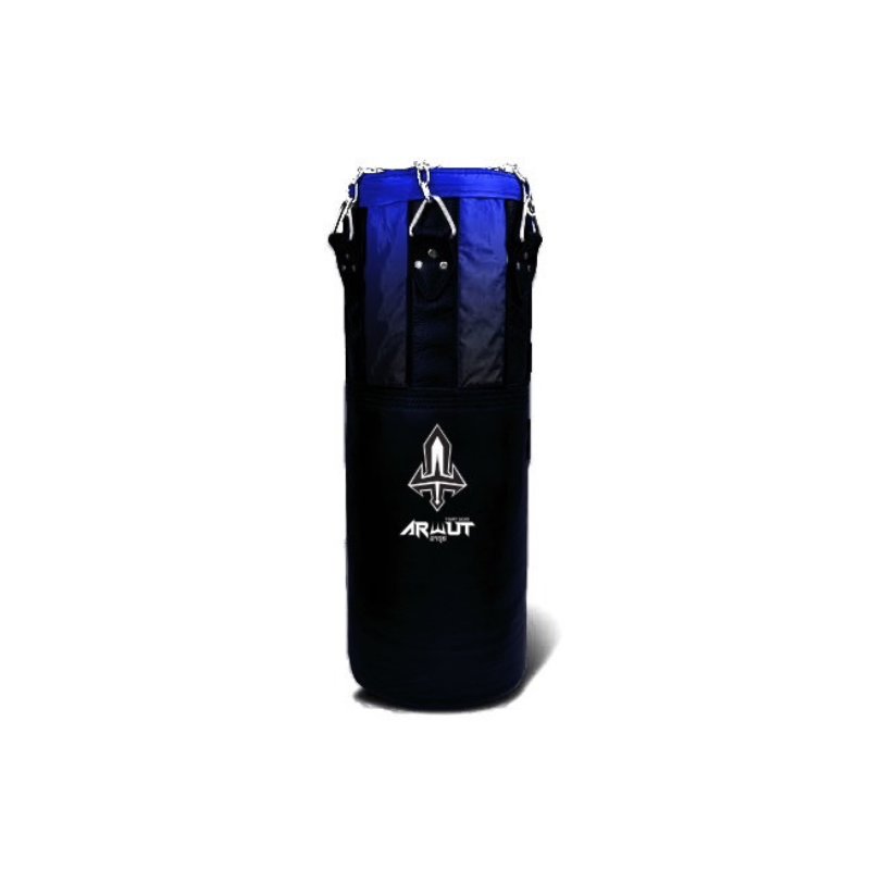 Black punching bag with a blue top on a white background