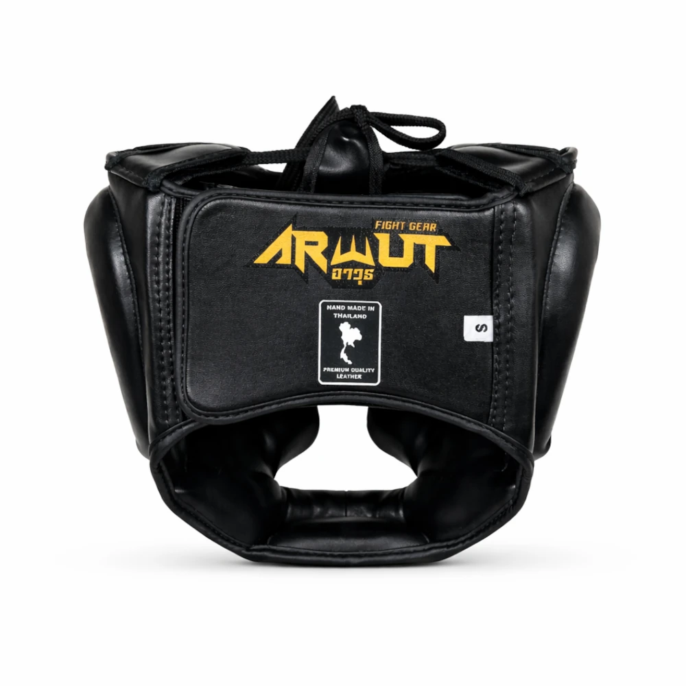 Black boxing headgear with 'ARWUT' branding on a white background