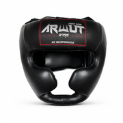 Black boxing headgear with 'Arwut Fight Gear' branding on a white background