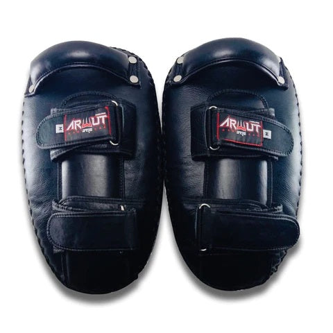 Pair of black martial arts Muay Thai pads with brand logo on a white background