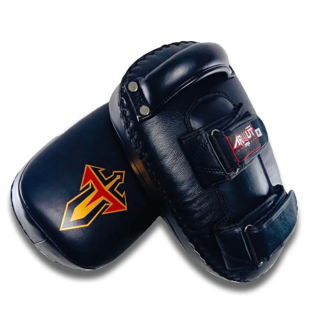 Pair of black Muay Thai pads with a visible brand logo on a white background