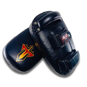 Pair of black Muay Thai pads with a visible brand logo on a white background
