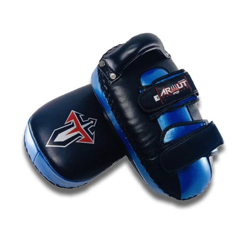 Pair of blue and black Muay Thai pads with a visible brand logo on a white background