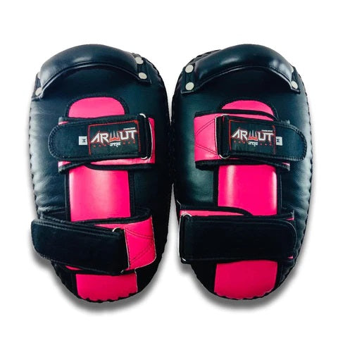 Pair of black and pink Muay Thai pads with 'Arwut' branding on a white background