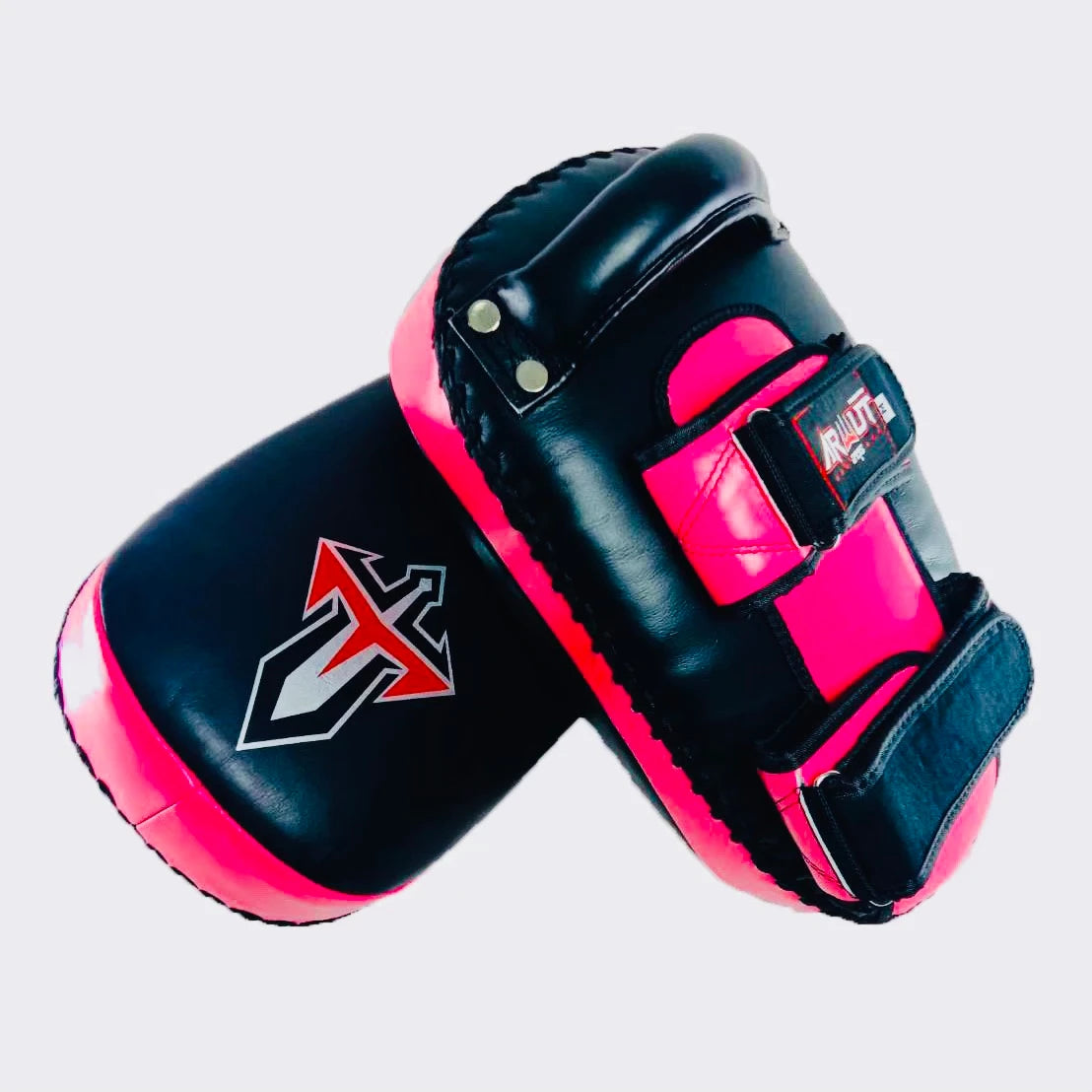 Black and pink Muay Thai pads with a visible brand logo on a light gray background
