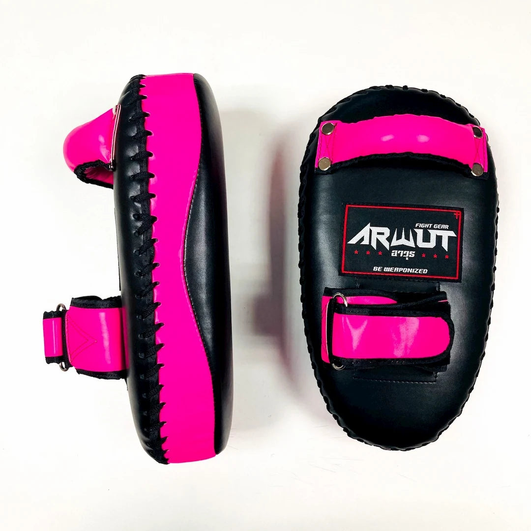 Black and pink Muay Thai pads with 'Arwut' branding on a white background