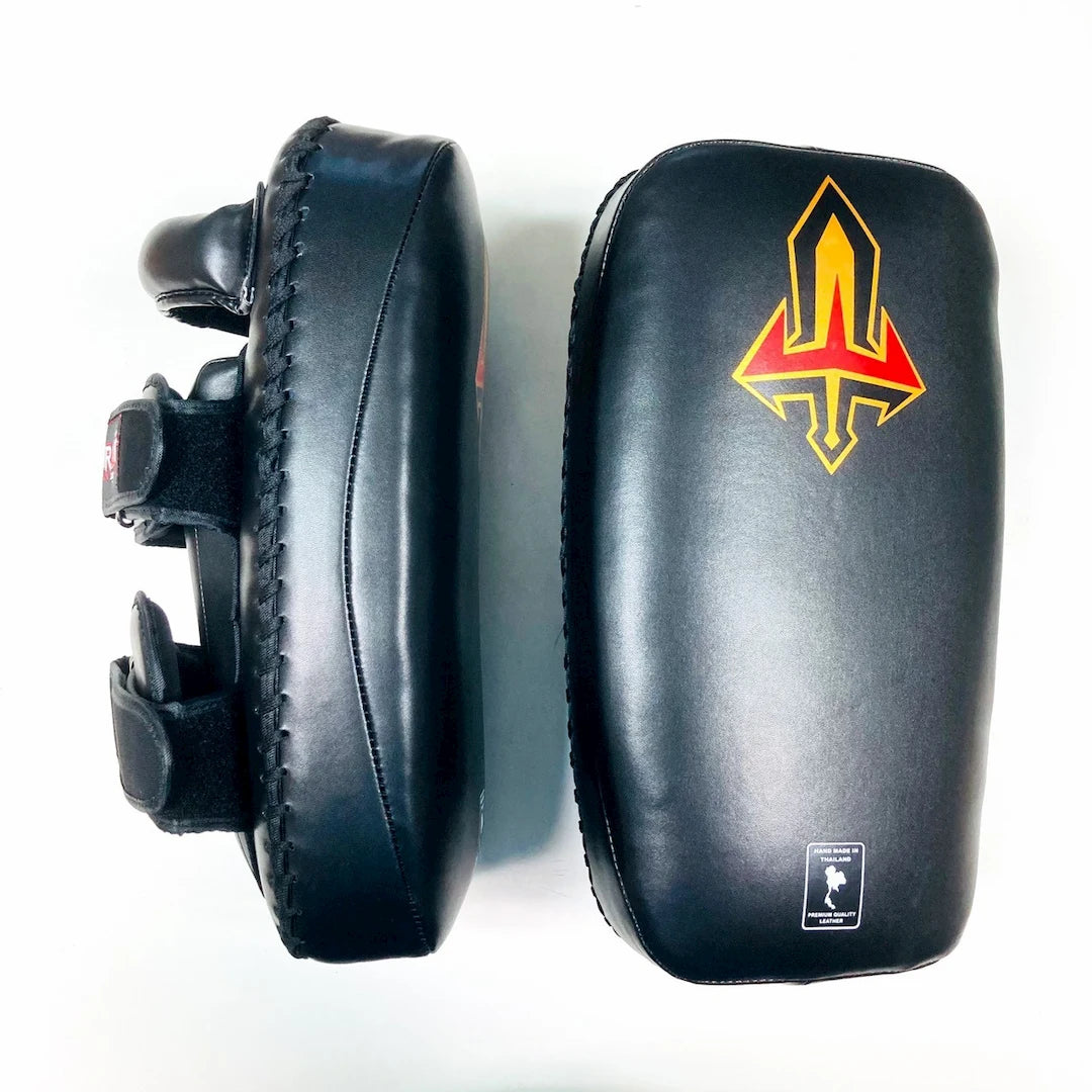 Black Muay Thai pads with a logo on a white background