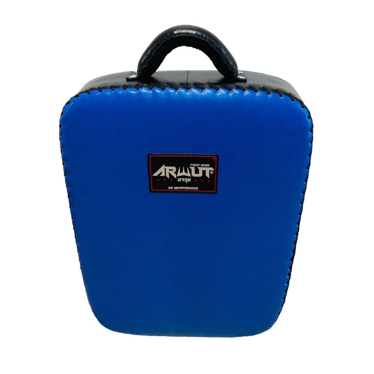 Blue Muay Thai kick shield with a black handle and Arwut logo on a white background