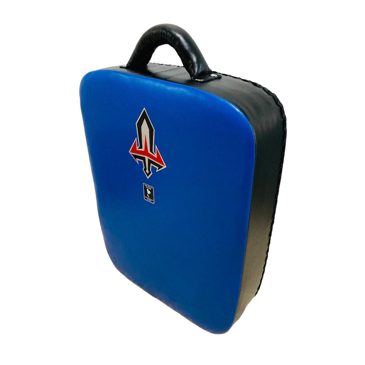 Blue and black kick shield with a logo on a white background