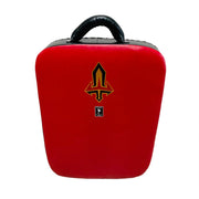 Red kick shield with a black handle and logo on a white background