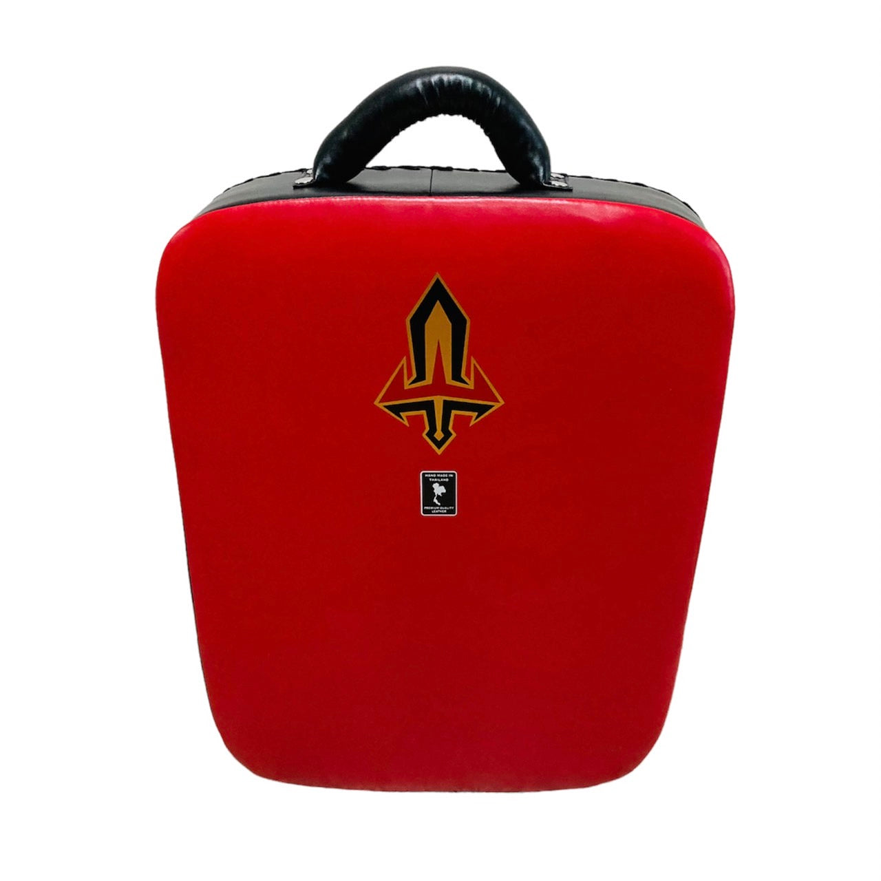 Red kick shield with a black handle and logo on a white background