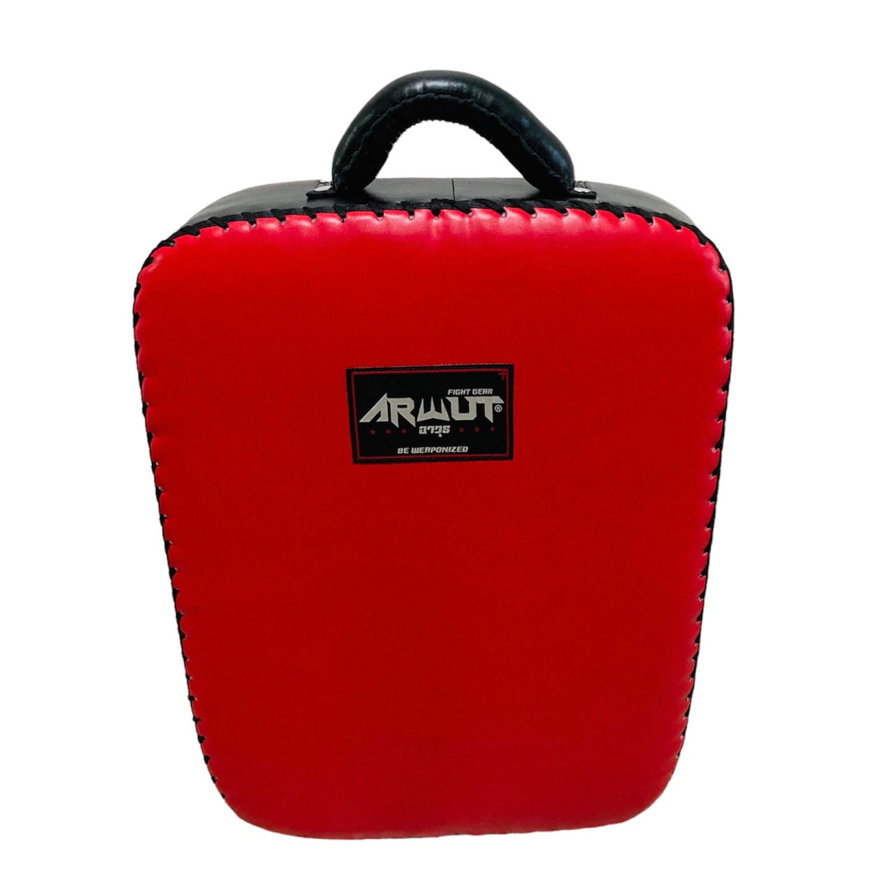 Red Muay Thai kick shield with black handle and Arwut logo on a white background