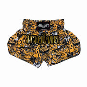 Muay Thai shorts with yellow and black graphic design on a white background
