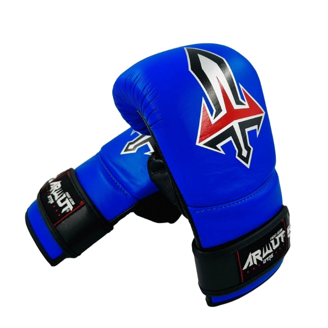 Blue boxing glove with a brand logo on a white background