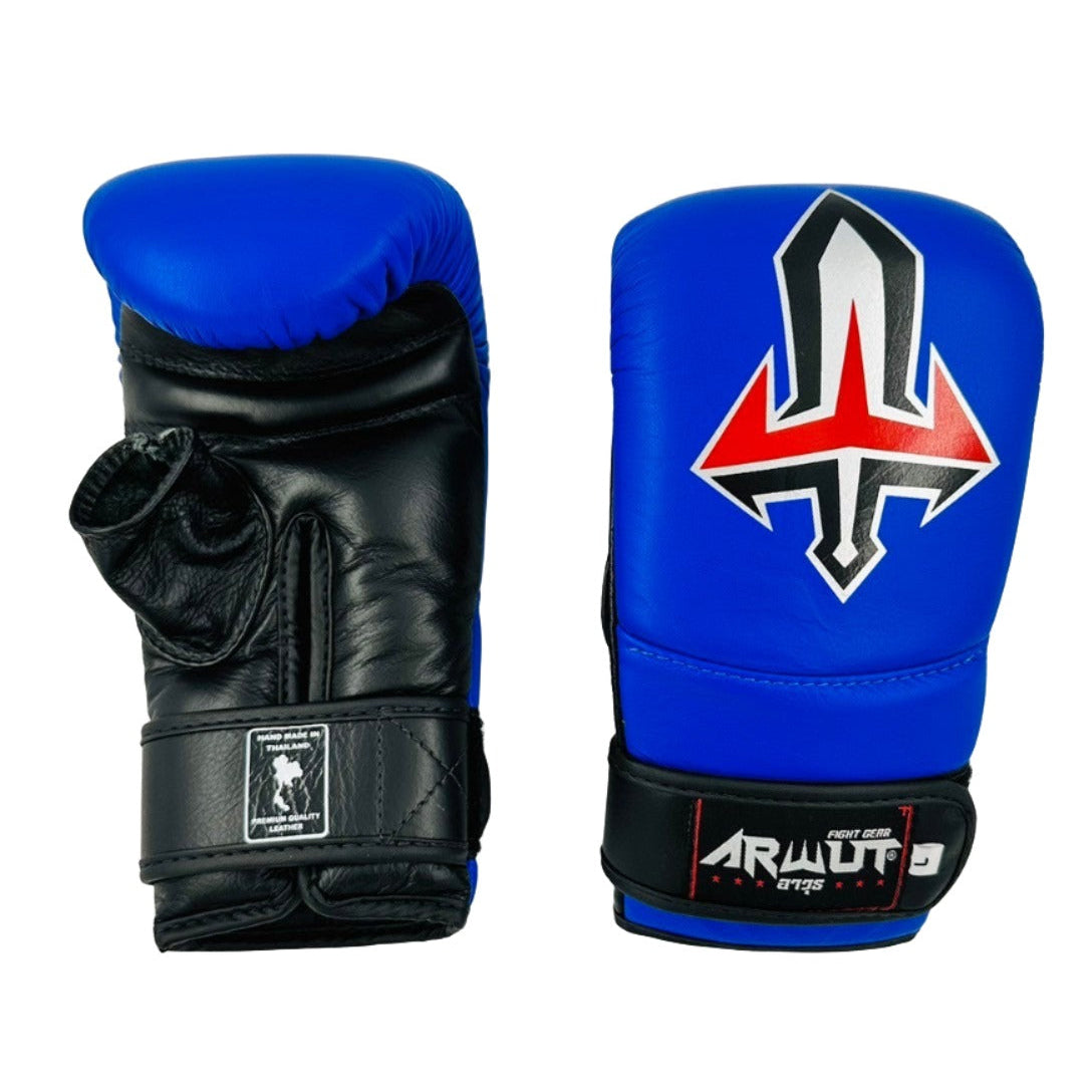 Pair of black and blue boxing gloves with a visible brand logo on a white background