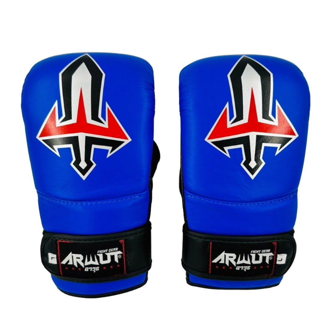 Pair of blue boxing gloves with a logo and brand name on a white background