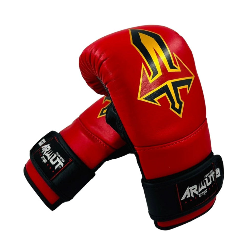 Red boxing glove with black and yellow design on a white background