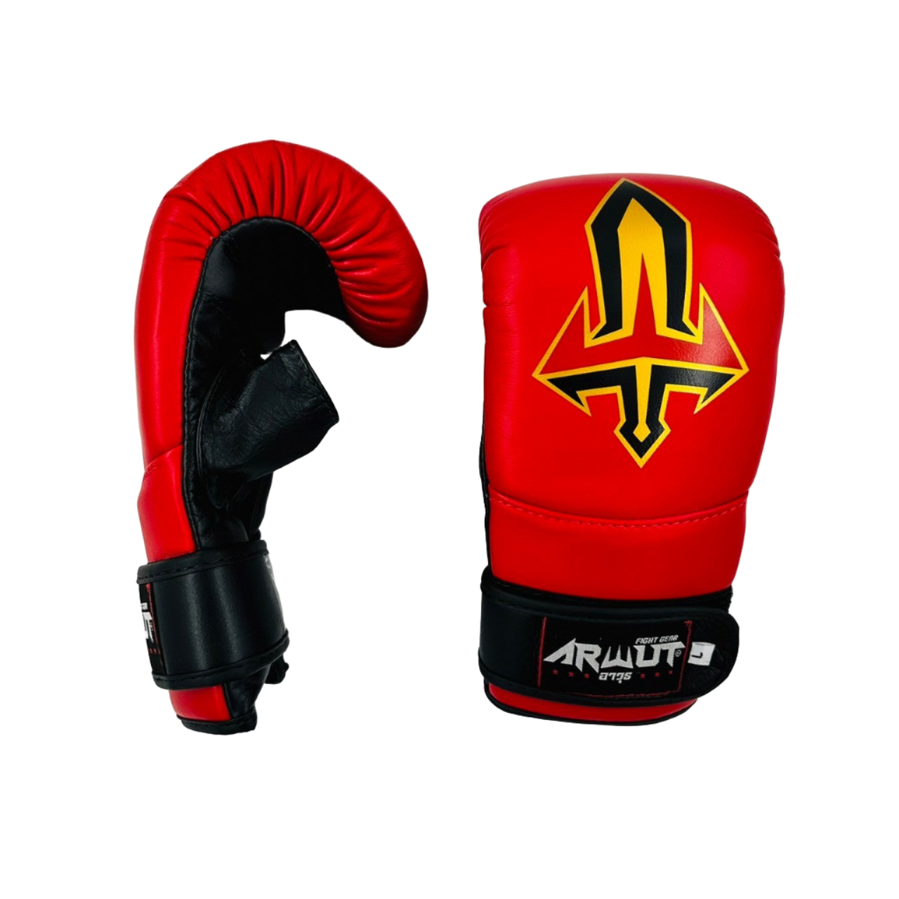 Red boxing glove with black and yellow logo on a white background