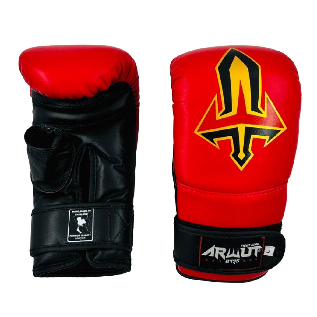 Red and black boxing gloves with a logo on a white background