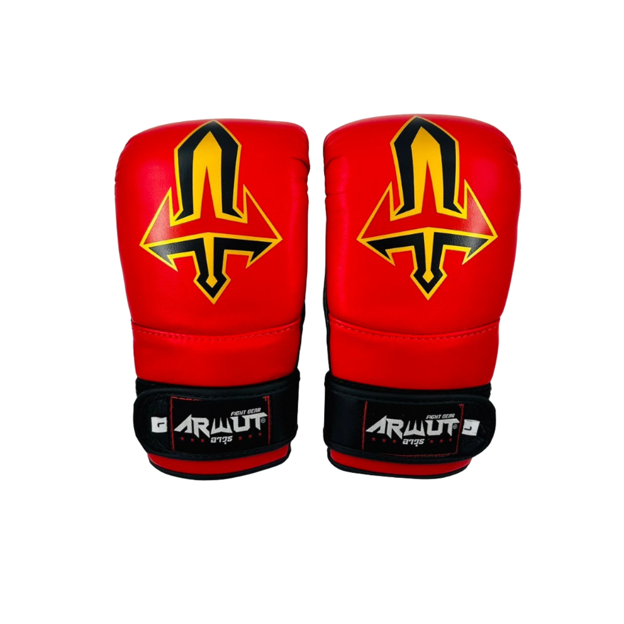 Red boxing gloves with black and yellow logo on a white background