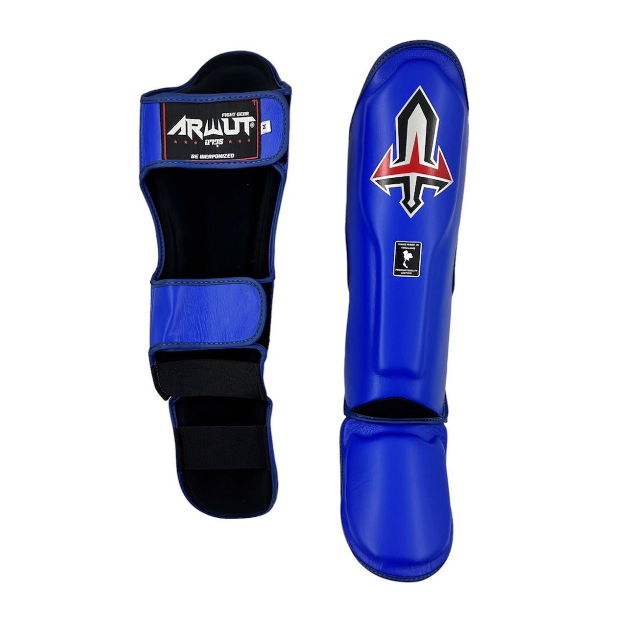 Blue Arwut shin guards with visible branding on a white background