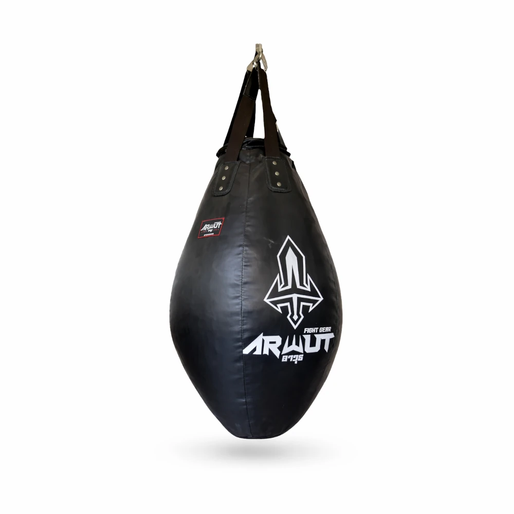 Black teardroppunching bag with an Arwut logo on a white background