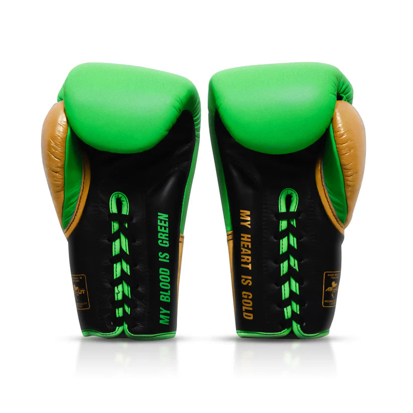 Pair of green and black boxing gloves with text on a white background