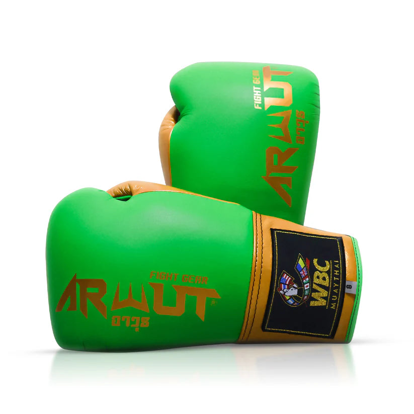 Green boxing gloves with gold accents featuring Arwut branding on a white background