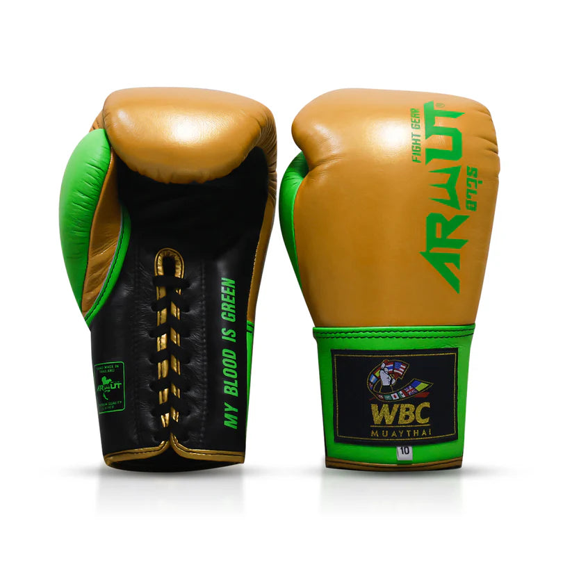 Pair of boxing gloves with green and gold design on a white background