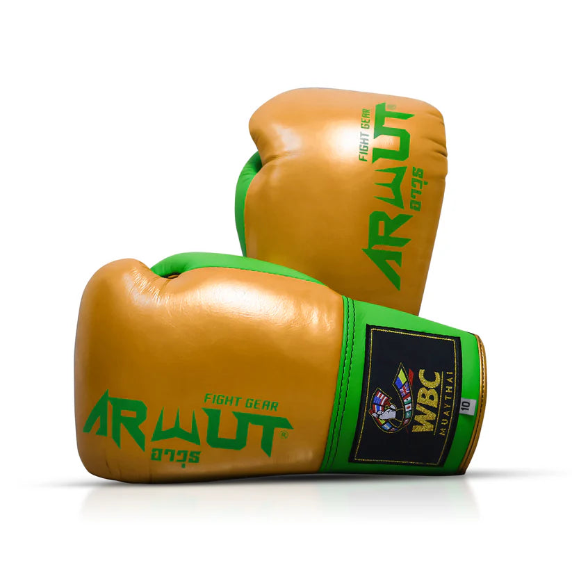 Gold and green boxing gloves with 'ARWUT' branding on a white background