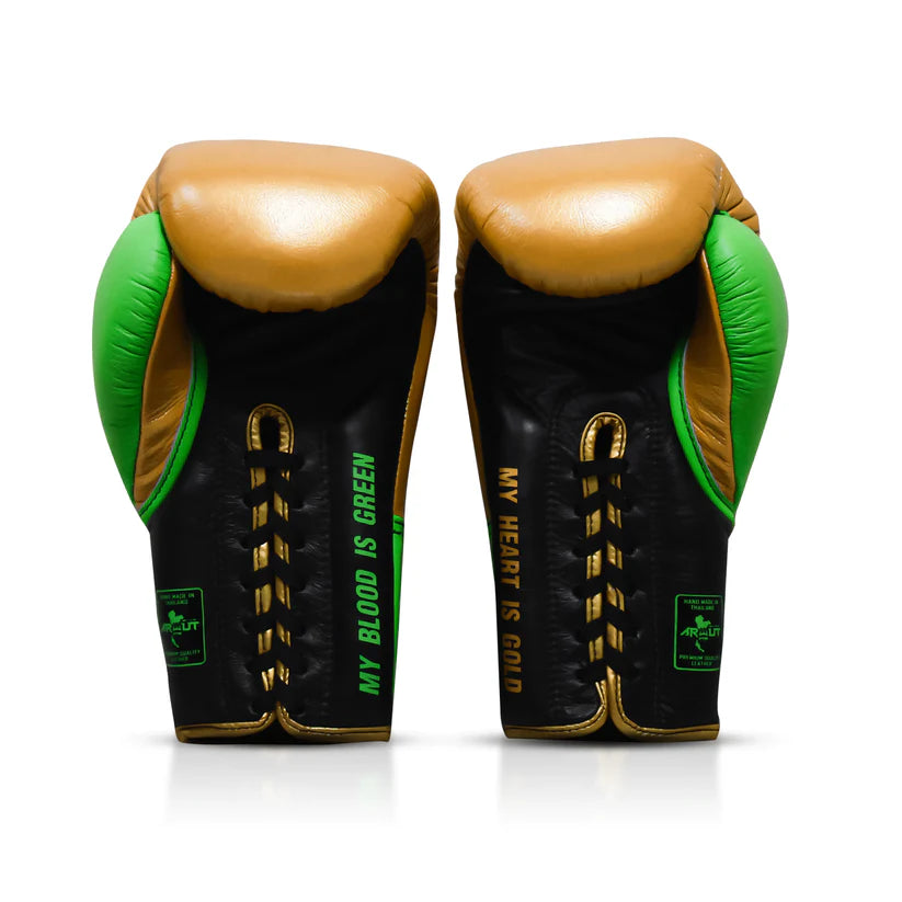 Pair of boxing gloves with gold, green, and black design on a white background