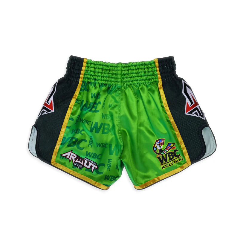 Green and black boxing shorts with WBC and Arwut logos on a white background