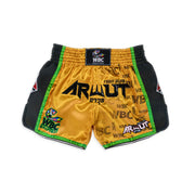 Yellow boxing shorts with black text and WBC branding on a white background