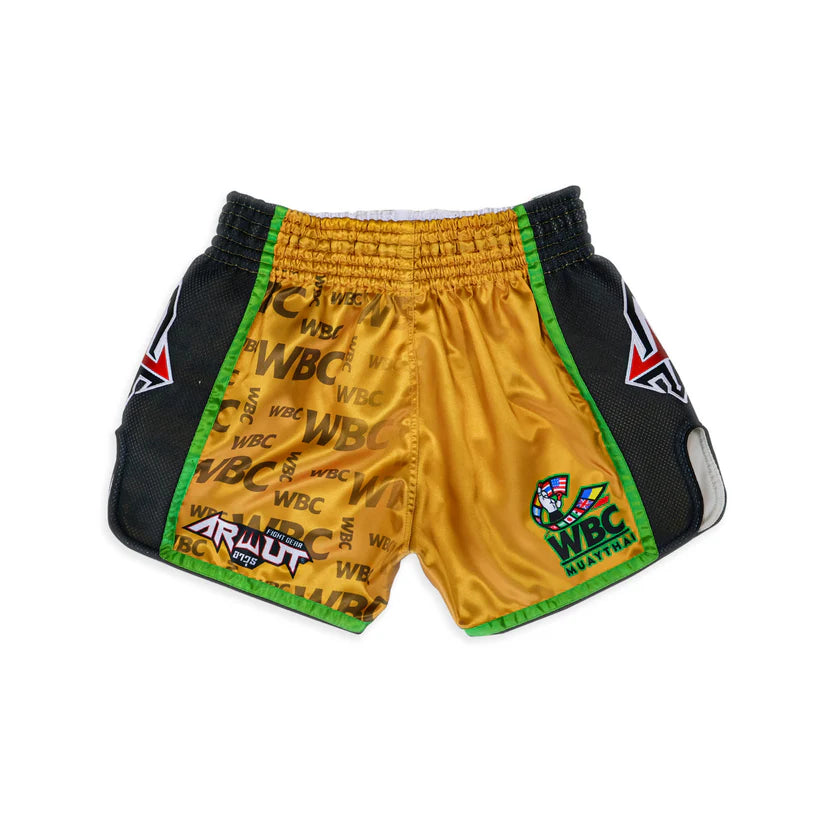 Yellow boxing shorts with black and green accents featuring WBC logos on a white background