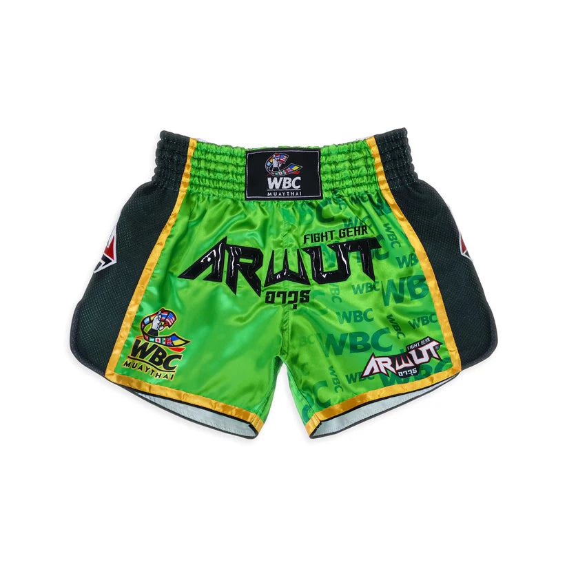 Green and black boxing shorts with WBC and Arwut branding on a white background