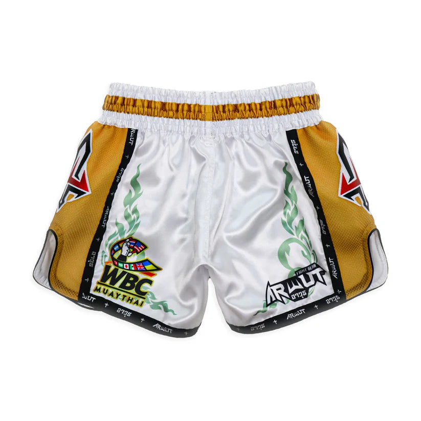 White and yellow Thai boxing shorts with WBC and ARWUT branding on a white background