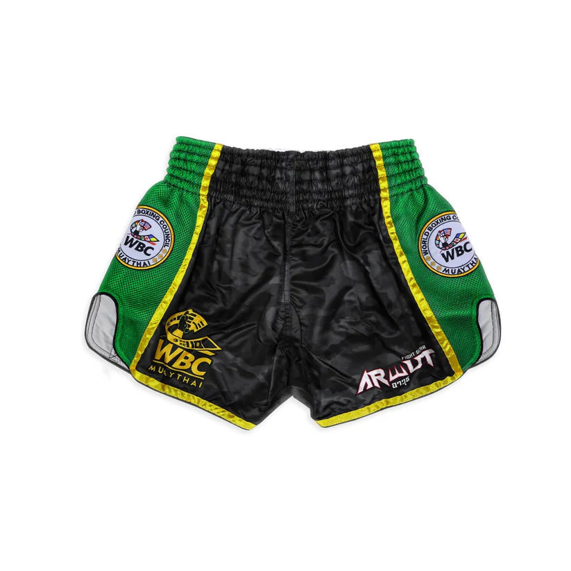 Green and black Thai boxing shorts with WBC logos on a white background