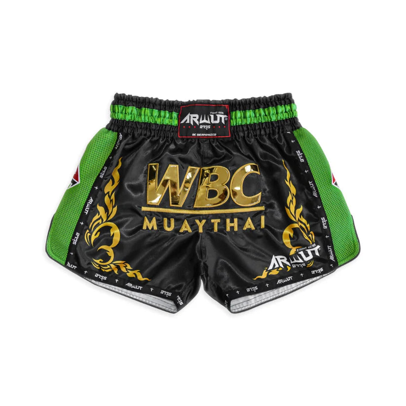 Black Muay Thai shorts with green accents and WBC branding on a white background